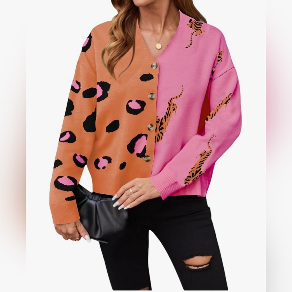 Leopard Print Women's Button Up Sweater - Picture 2 of 5